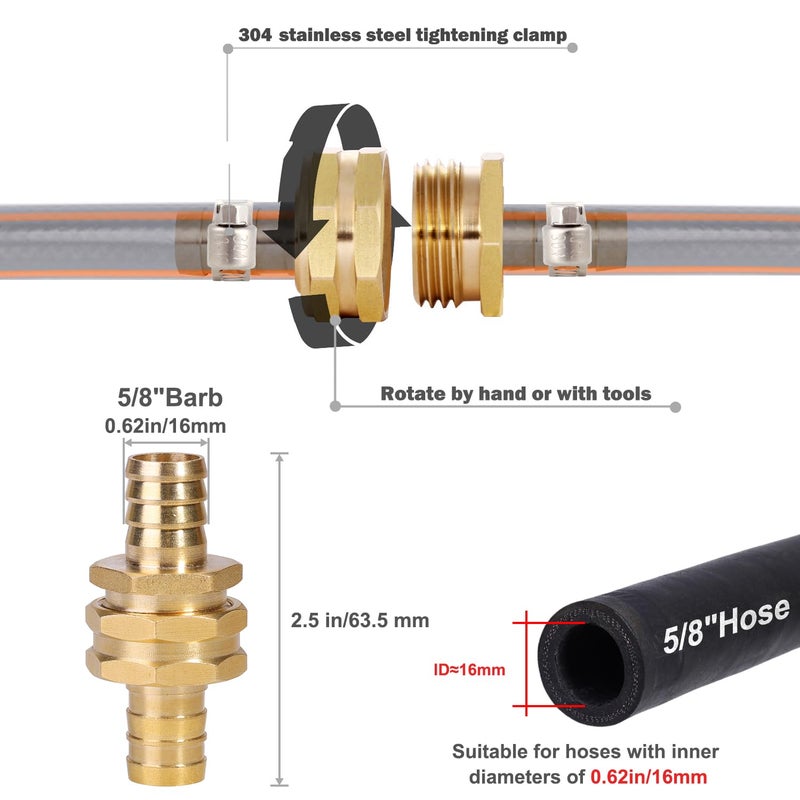 YELUN Solid Brass Garden Hose Repair Connector with Clamps Hose End Repair Kit,Fit for Male and Female Hose Fittings (5/8"-3 Set) - Image 2